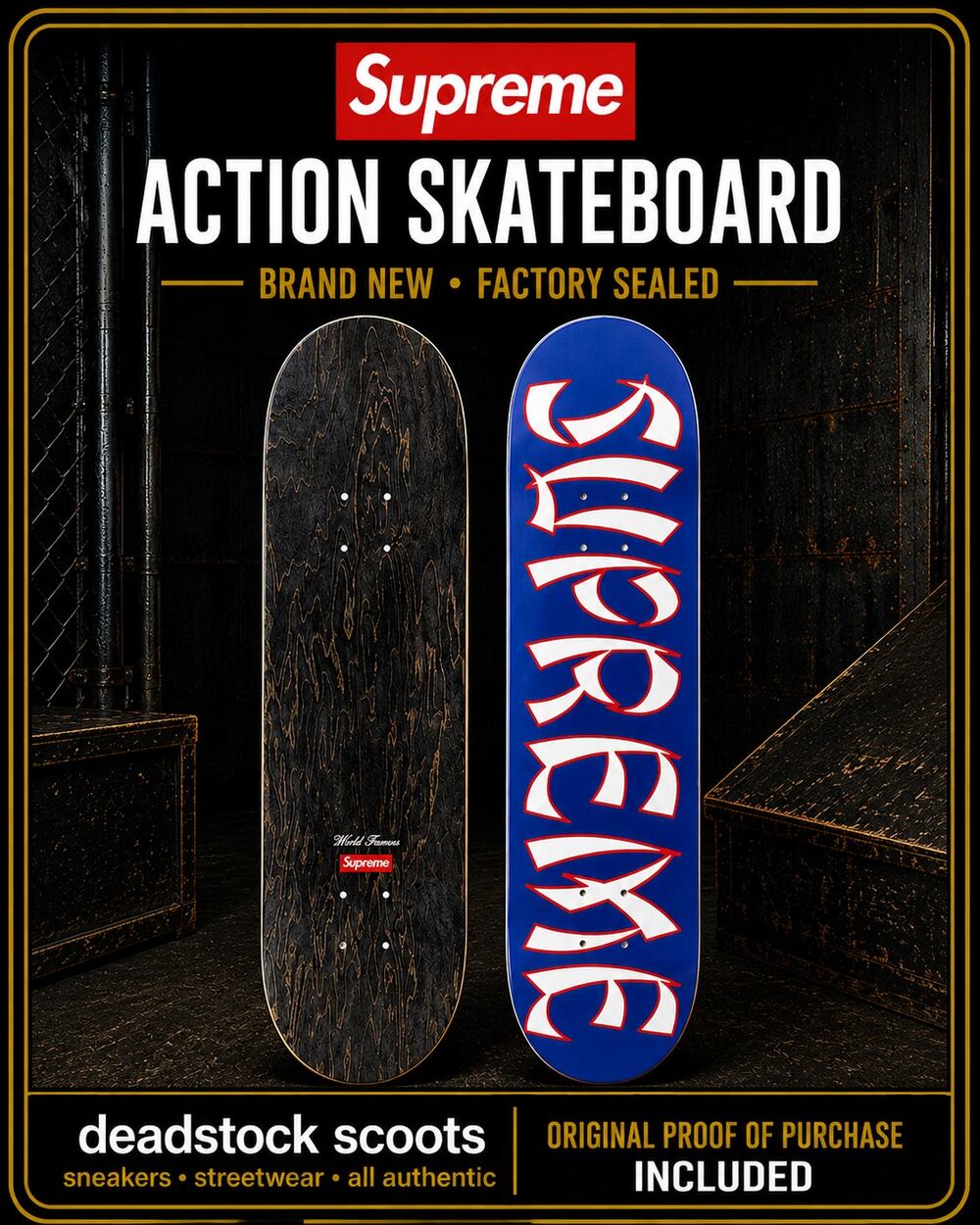 Supreme Action Skateboard Deck Royal 8.375" x 32.125"